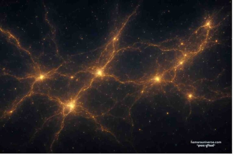 A vast cosmic web with glowing golden filaments and galaxy clusters forming the Hercules–Corona Borealis Great Wall, spanning billions of light-years across space.