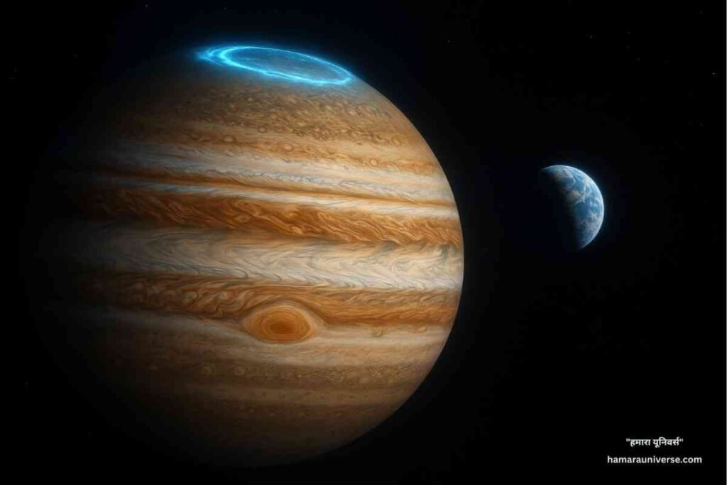 Jupiter-Protector-of-the-Earth बृहस्पति पृथ्वी का रक्षक — अंतरिक्ष से दिखता यथार्थपूर्ण बृहस्पति, जिस पर महान लाल धब्बा और चमकती ऑरोरा हैं, दूर पृष्ठभूमि में पृथ्वी दिखाई दे रही है।