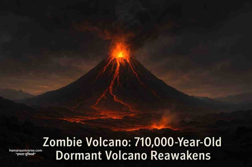 710,000 साल बाद जागता ज़ॉम्बी ज्वालामुखी (Zombie Volcano) – जलते लावे, धुएँ और राख से भरा नाटकीय दृश्य, जो धरती की आंतरिक शक्ति और पुनर्जागरण को दर्शाता है।