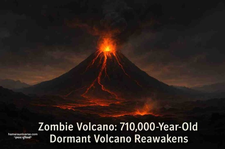 710,000 साल बाद जागता ज़ॉम्बी ज्वालामुखी (Zombie Volcano) – जलते लावे, धुएँ और राख से भरा नाटकीय दृश्य, जो धरती की आंतरिक शक्ति और पुनर्जागरण को दर्शाता है।