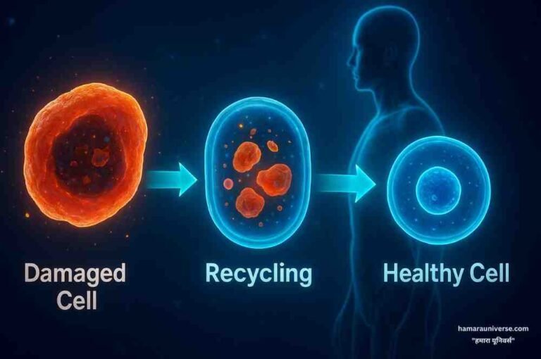 3D illustration showing the human autophagy process — damaged cells being recycled into healthy cells with glowing lysosomes and arrows indicating the self-cleaning process inside the human body.”