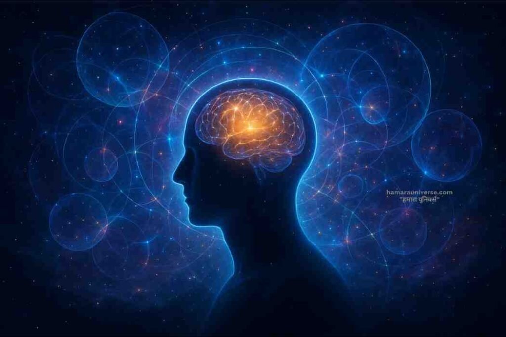 बायोसेंट्रिज़्म (Biocentrism) सिद्धांत को दर्शाती भविष्यवादी कलाकृति, जिसमें मानव आकृति, चमकता मस्तिष्क और मल्टीवर्स के क्वांटम एंटैंगलमेंट का ब्रह्मांडीय दृश्य दिखाया गया है।