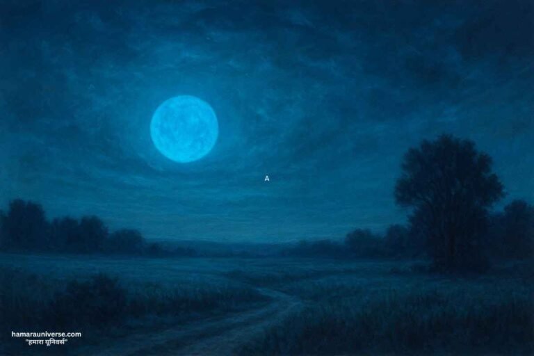 Blue-tinted landscape under a glowing blue sun in the sky, with trees and fields in the foreground.