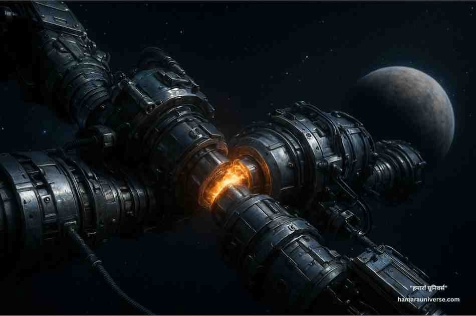 अंतरिक्ष स्टेशन के यांत्रिक घटक आपस में जुड़ रहे हैं, कोल्ड वेल्डिंग (Cold Welding) का दृश्य।