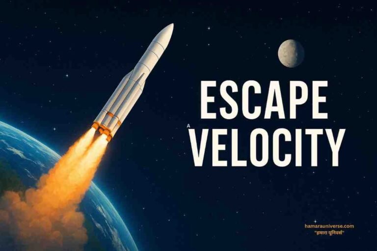 A rocket launching from Earth into space with fiery exhaust, symbolizing escape velocity and human exploration of the cosmos.