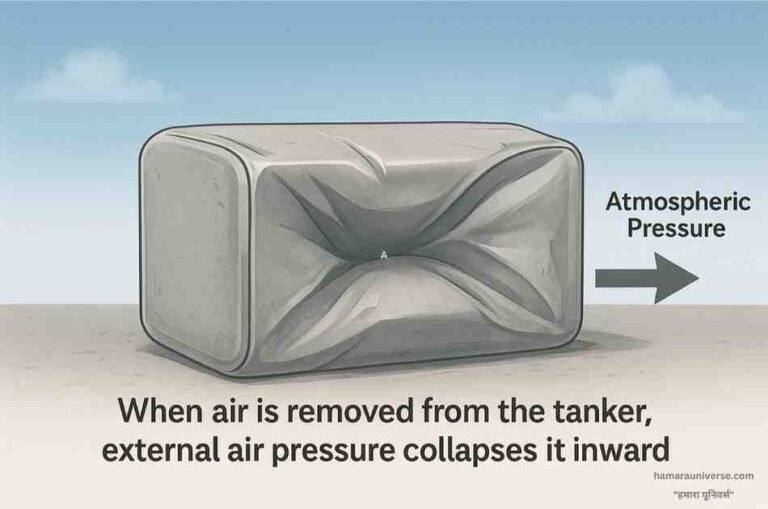 “एक टैंकर से हवा निकालने पर वह पिचक जाता है, यह दृश्य हवा का वजन और वायुदाब की शक्ति को दर्शाता है।