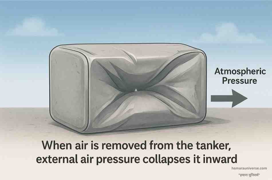 एक टैंकर से हवा निकालने पर वह पिचक जाता है, यह दृश्य हवा का वजन और वायुदाब की शक्ति को दर्शाता है।