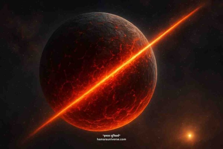 लावा से ढकी प्रोटोअर्थ का कलात्मक चित्रण, जो पृथ्वी के प्रारंभिक रूप को दर्शाता है।