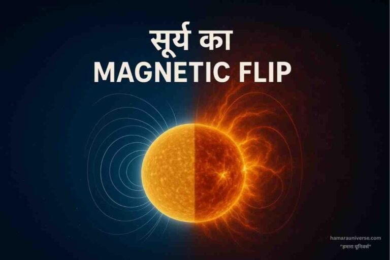 A digital illustration of the Sun undergoing a magnetic pole reversal, showing swirling plasma, solar flares, and charged particles being released into space — representing the Solar Magnetic Flip phenomenon.