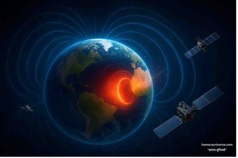 South Atlantic Anomaly: Earth’s magnetic field with a glowing weak spot over the South Atlantic region, showing satellites orbiting around and radiation particles entering through the anomaly.