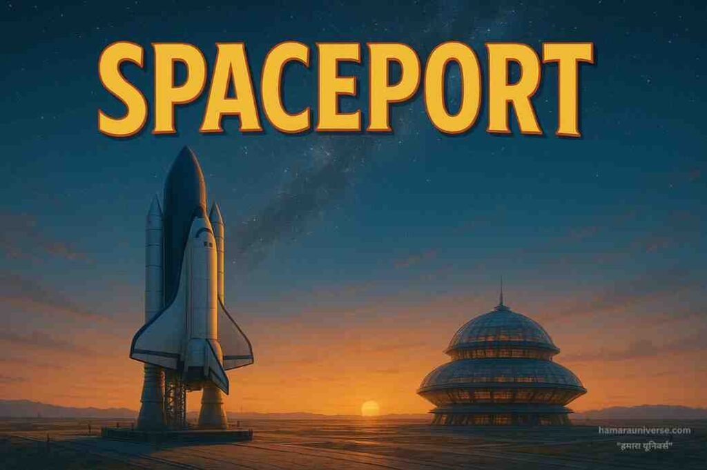 space-port-space-tourism A futuristic spaceport at dawn featuring a sleek white and blue space shuttle ready for launch, a glass-domed hotel illuminated by golden sunlight, and a vast starry sky with the Milky Way and a Saturn-like planet on the horizon.