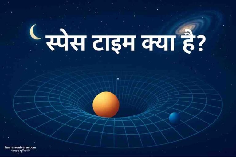 Digital illustration of spacetime (स्पेस टाइम) fabric showing how a massive yellow sphere warps a blue grid while a smaller blue sphere moves along the curve, representing Einstein’s theory of relativity.