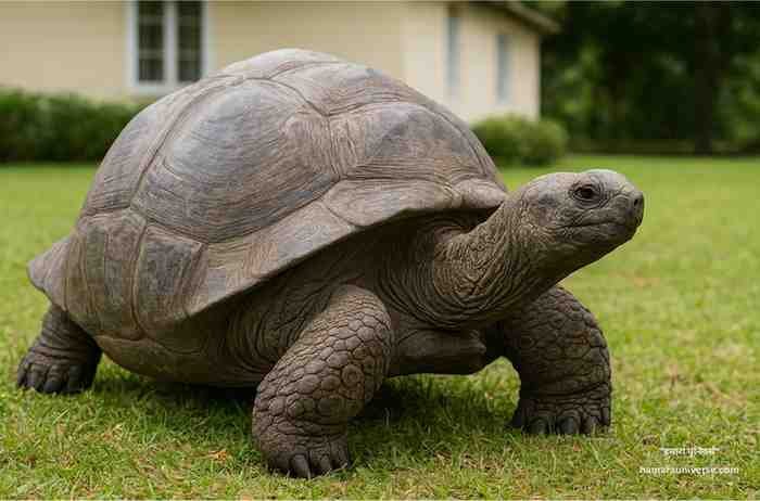 दुनिया का सबसे पुराना कछुआ Jonathan घास पर चलता हुआ — Aldabra giant tortoise का नज़दीकी दृश्य