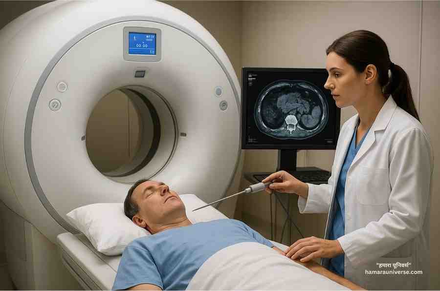 MRI-guided cryoablation procedure where a doctor positions a cryoablation probe while monitoring tumour imaging on MRI screen.