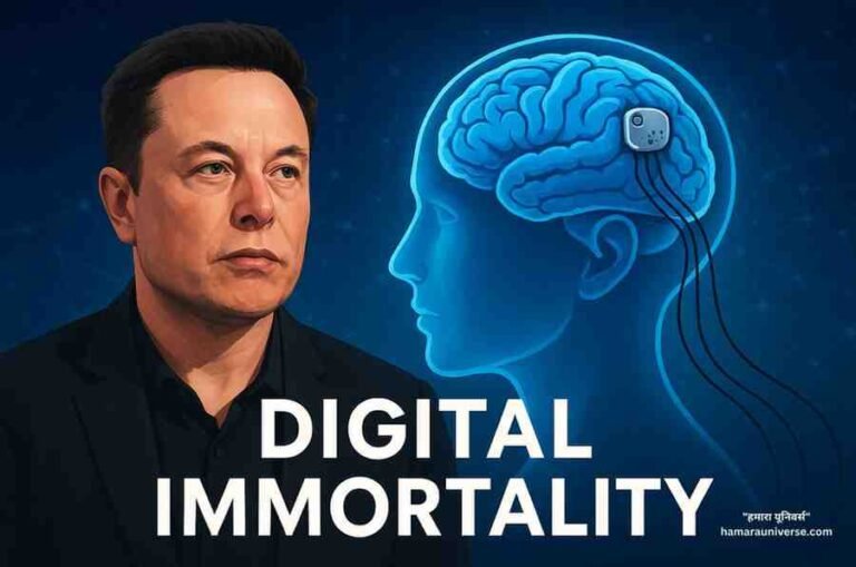 Illustration showing the concept of Digital Immortality ('डिजिटल अमरता')— a human brain connected to a neural device, inspired by Elon Musk’s Neuralink project exploring merging AI with human consciousness.