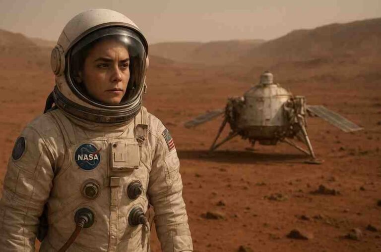 एलिसा कार्सन मंगल ग्रह की लाल सतह पर नासा के स्पेस सूट में खड़ी हैं, उनके पास एक भविष्यवादी अंतरिक्ष यान दिखाई दे रहा है और आकाश धूल भरा नारंगी है।