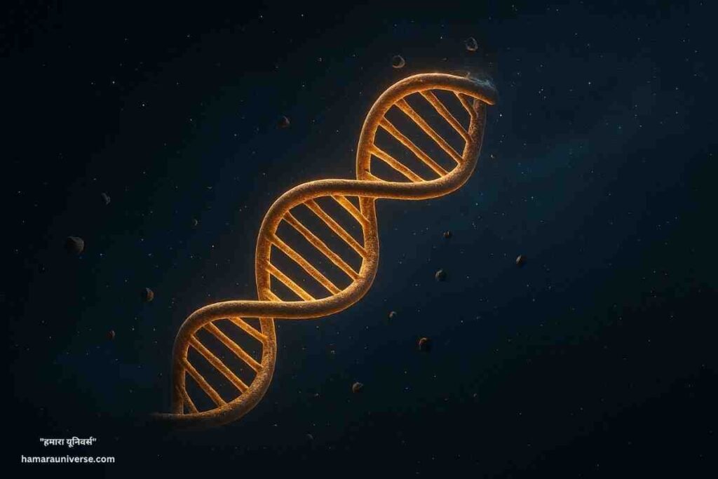 अंतरिक्ष में तैरता DNA अणु — जीवन के बीजों का प्रतीक चित्र