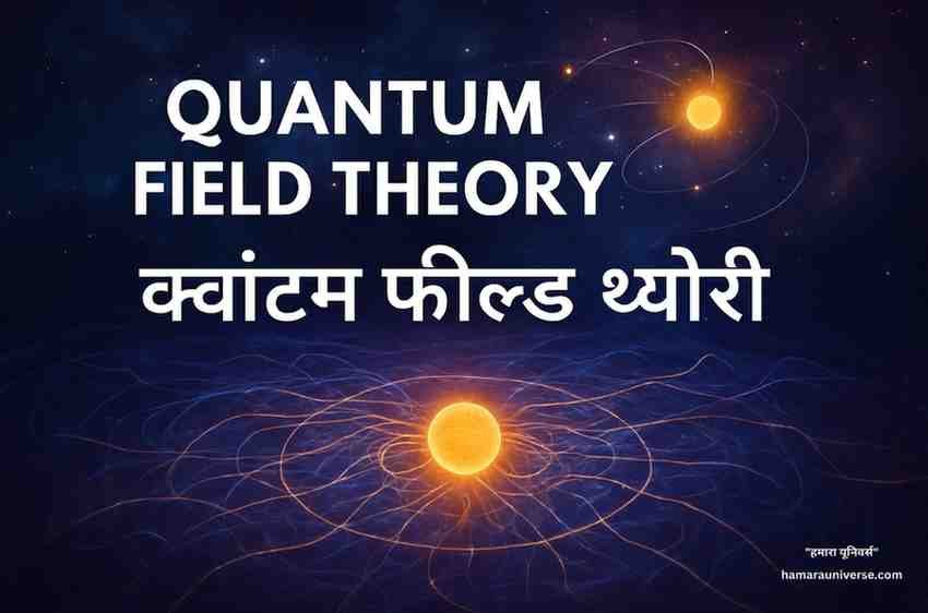 Quantum Field Theory का दृश्य प्रतिनिधित्व जिसमें एक चमकता हुआ ऊर्जा कण और उसके चारों ओर फैलते क्वांटम फील्ड्स दिखाए गए हैं, जो ब्रह्मांड की ऊर्जा लहरों को दर्शाते हैं।