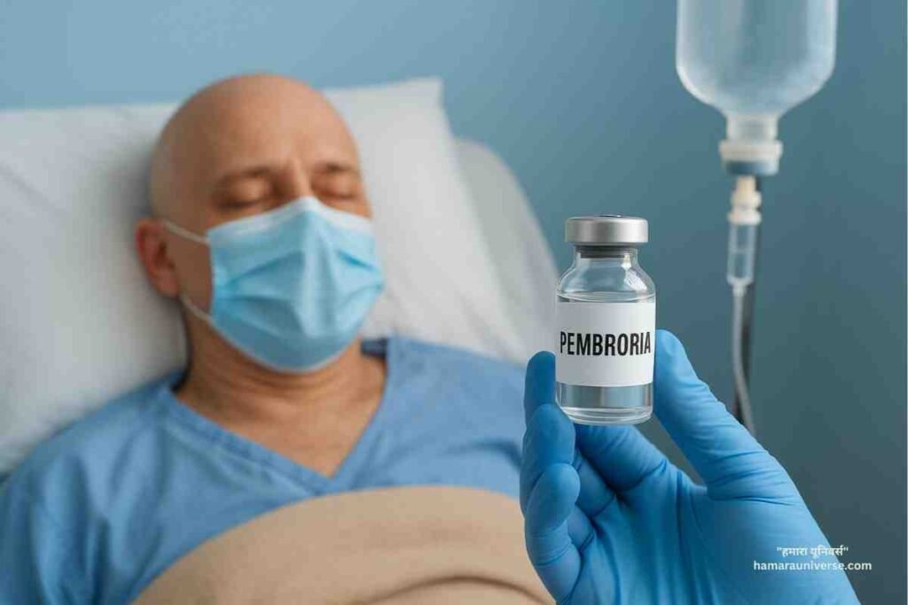 Hospital room with a cancer patient lying on a bed receiving intravenous Pembroria cancer therapy through a drip, medical vial and infusion line visible, representing ongoing Pembroria-based advanced oncology treatment.