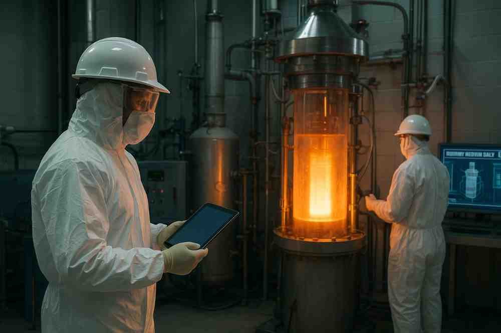 एक यथार्थवादी परमाणु प्रयोगशाला दृश्य जिसमें वैज्ञानिक थोरियम से यूरेनियम में ईंधन परिवर्तन पर शोध कर रहे हैं — आधुनिक रिएक्टर उपकरण, चमकती सुरक्षा सूट, और थोरियम मोल्टन सॉल्ट रिएक्टर की झलक।