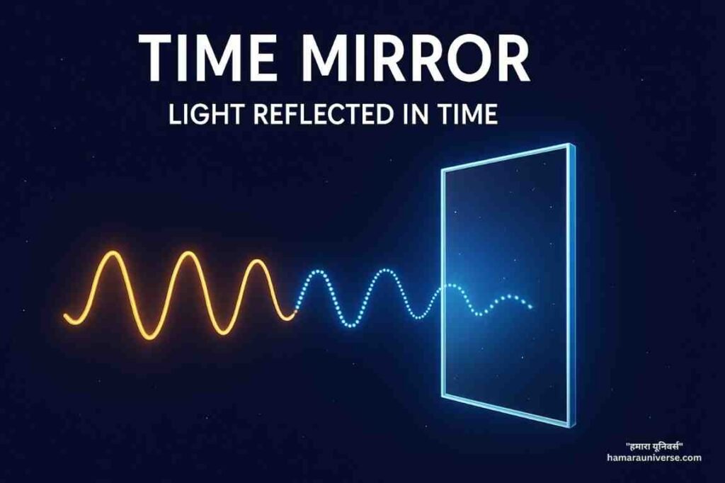 टाइम मिरर (Time Mirror) का कॉन्सेप्ट आर्ट जिसमें प्रकाश तरंगें समय में परावर्तित होती दिख रही हैं।