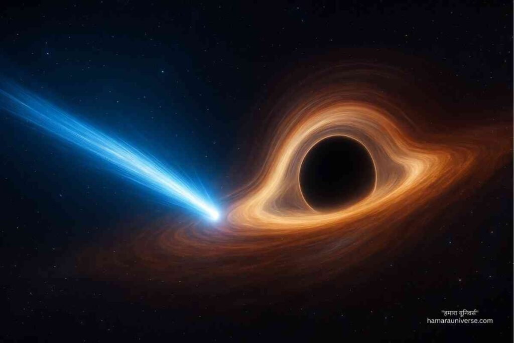 मिल्की वे के केंद्र में सुपरमैसिव ब्लैक होल Sagittarius A★ के पास 8% प्रकाश गति से घूमते तारे S62 का कॉन्सेप्ट आर्ट।