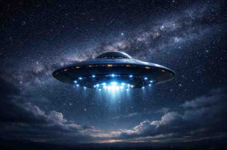 रात के आसमान में चमकती रोशनी के साथ उड़ती हुई रहस्यमयी UFO, मिल्की वे और तारों के बीच अज्ञात उड़न वस्तु