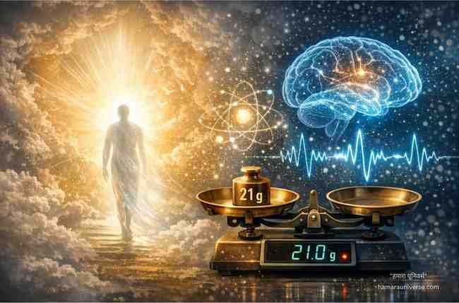 क्या आत्मा वास्तव में होती है? मृत्यु के बाद आत्मा का रहस्य दर्शाती प्रतीकात्मक तस्वीर – 21 ग्राम आत्मा प्रयोग, चमकती मानव आकृति, मस्तिष्क और वैज्ञानिक तराजू