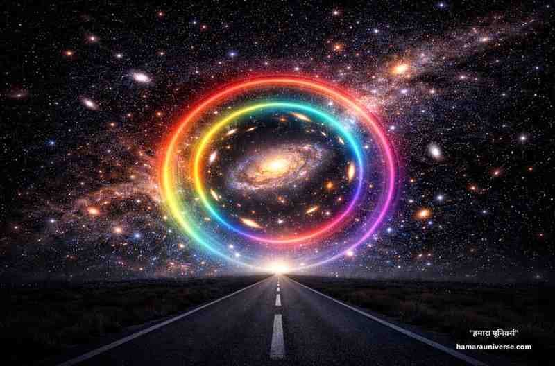 Cosmic Magnification का दृश्य, जहाँ ग्रैविटेशनल लेंसिंग के कारण दूर की आकाशगंगा मुड़ी हुई और बड़ी दिखाई दे रही है, ब्रह्मांड का कॉस्मिक ऑप्टिकल भ्रम