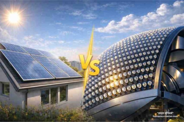 सोलर पैनल कैसे काम करते हैं: गोल और फ्लैट सोलर सेल की तुलना दिखाता आधुनिक सौर ऊर्जा तकनीक का चित्र