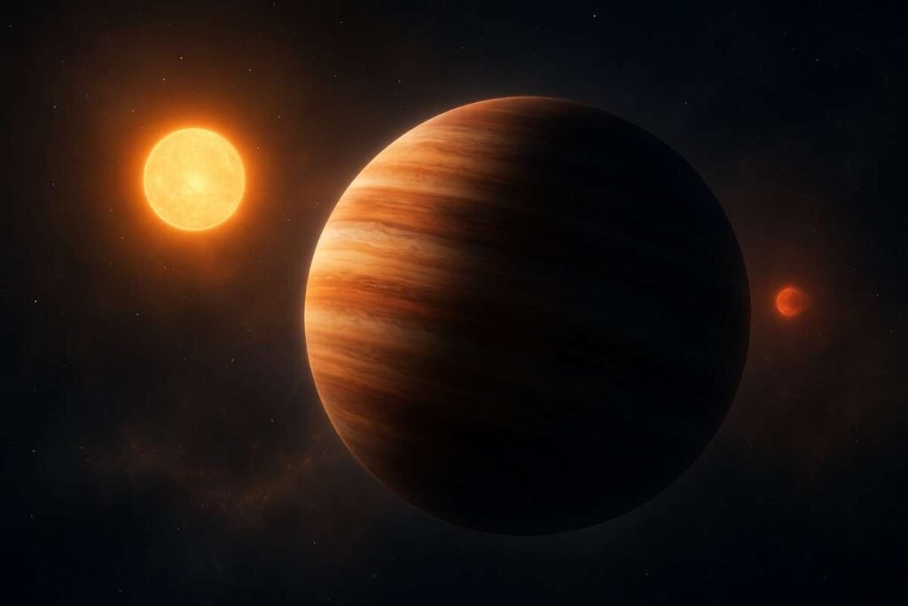 दो सूर्यों की परिक्रमा करता हुआ Kepler-16b ग्रह, बैकग्राउंड में एक बड़ा नारंगी और एक छोटा लाल तारा दिखाई दे रहा है।