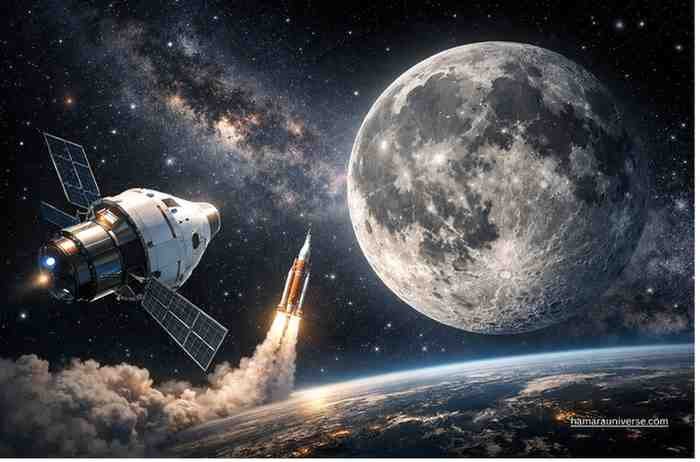 NASA का आर्टेमिस II मिशन जिसमें Orion spacecraft चंद्रमा की परिक्रमा कर रहा है