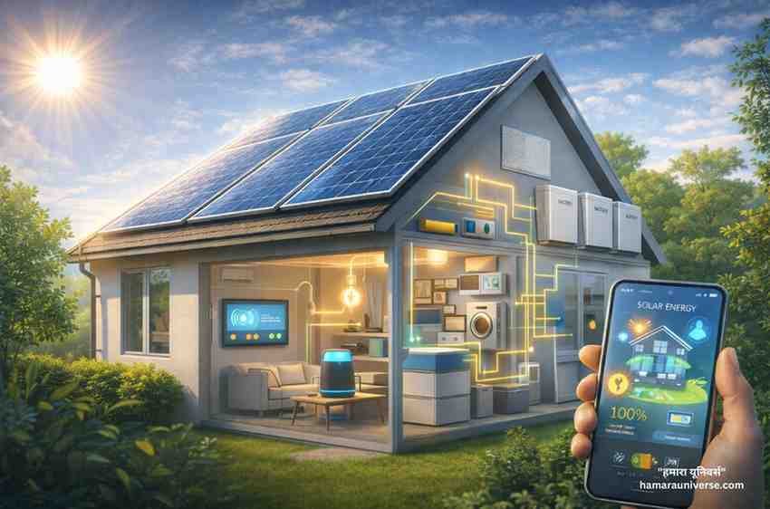 सोलर पैनल और स्मार्ट होम दिखाता चित्र, जो बिना बिजली बिल वाले घर का प्रतिनिधित्व करता है