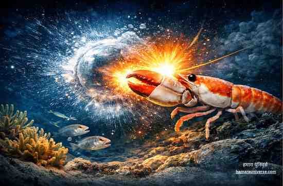 समुद्र में पिस्टल श्रिम्प अपने बड़े पंजे से कैविटेशन बबल बनाते हुए, जिससे शॉकवेव और प्रकाश उत्पन्न होता है