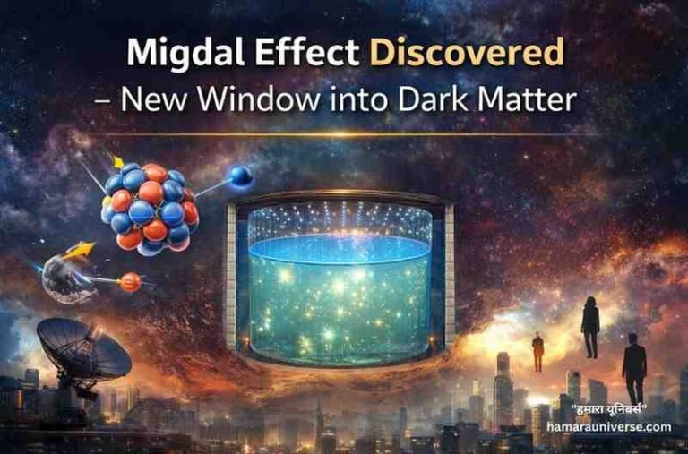 Illustration showing the Migdal Effect where a neutron strike ejects an electron from an atom, improving dark matter detection research.