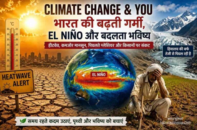 भारत में बढ़ती गर्मी, हीटवेव, El Niño प्रभाव, पिघलते हिमालयी ग्लेशियर और जलवायु परिवर्तन को दर्शाता इन्फोग्राफिक
