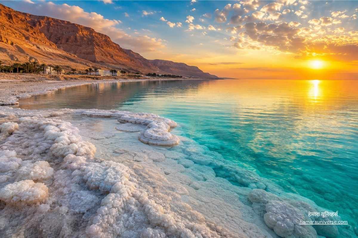 डेड सी (dead sea) का सुंदर landscape दृश्य जिसमें नीला-हरा पानी, सफेद नमक की परतें और सूर्यास्त दिखाई दे रहा है।
