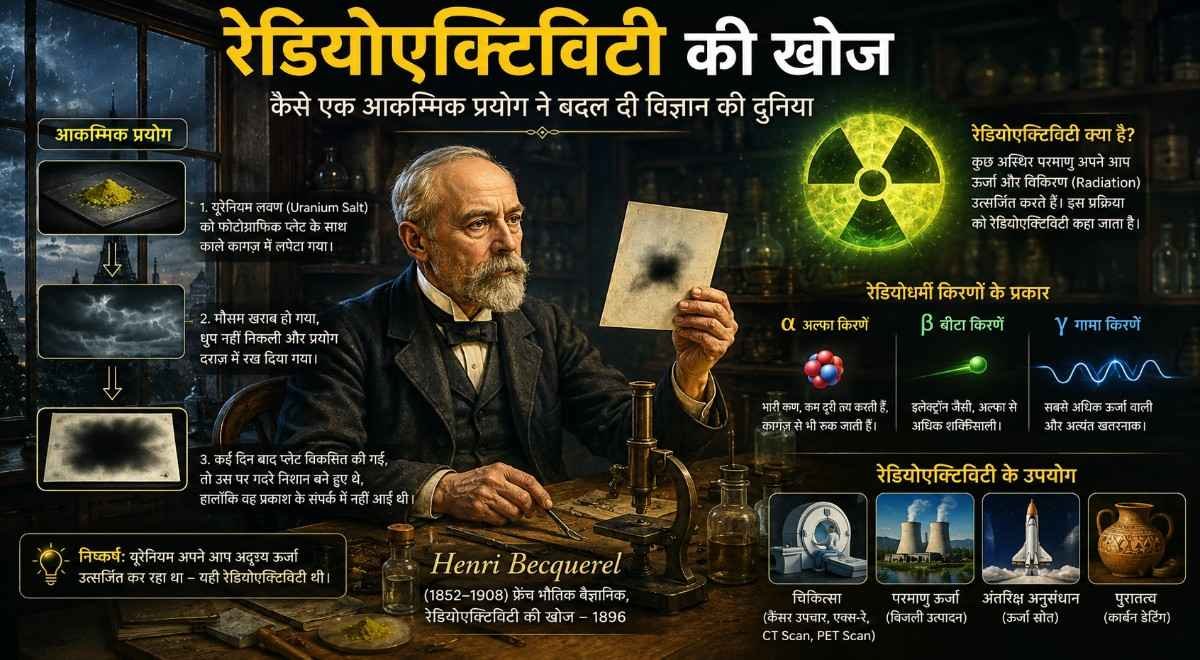 1896 में Henri Becquerel द्वारा रेडियोएक्टिविटी की खोज को दर्शाती एक हिंदी वैज्ञानिक इन्फोग्राफिक, जिसमें यूरेनियम लवण, फोटोग्राफिक प्लेट, रेडियोधर्मी किरणों के प्रकार और उनके उपयोग दिखाए गए हैं।