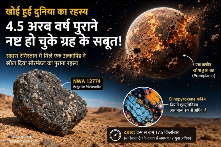 Lost Planet के संभावित अवशेषों को दर्शाती छवि, जिसमें NWA 12774 उल्कापिंड और सौरमंडल के शुरुआती दौर के एक प्राचीन प्रोटोप्लानेट को दिखाया गया है।
