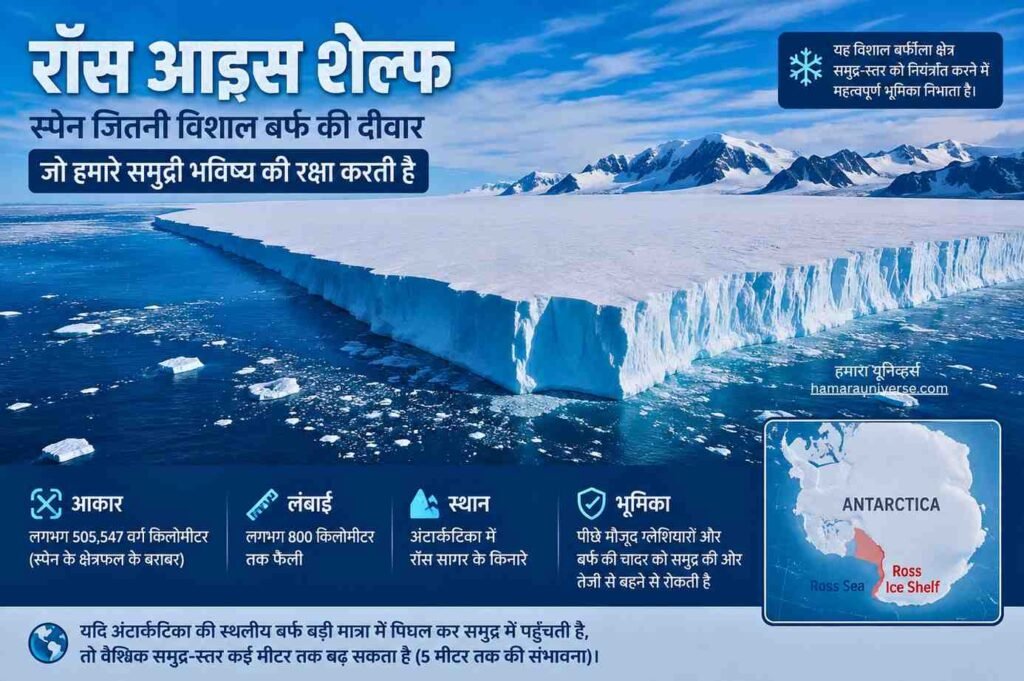 Antarctica рдореЗрдВ Ross Ice Shelf рдХреА рд╡рд┐рд╢рд╛рд▓ рдмрд░реНрдлреАрд▓реА рдЪрд╛рджрд░, рд╕рдореБрджреНрд░, рд╣рд┐рдордЦрдВрдб рдФрд░ рдкрд░реНрд╡рддреЛрдВ рдХреЗ рд╕рд╛рде; infographic рдореЗрдВ рдЗрд╕рдХреЗ рдЖрдХрд╛рд░, рд▓рдЧрднрдЧ 800 рдХрд┐рд▓реЛрдореАрдЯрд░ рд▓рдВрдмрд╛рдИ рдФрд░ рд╕рдореБрджреНрд░-рд╕реНрддрд░ рдХреЗ рд▓рд┐рдП рдорд╣рддреНрд╡ рдХреА рдЬрд╛рдирдХрд╛рд░реАред